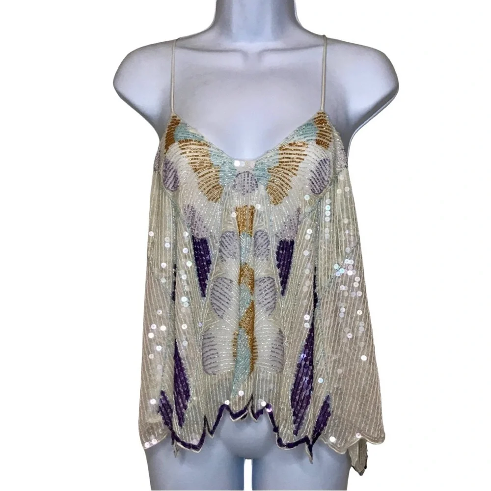 FREE PEOPLE Rare Asymmetrical Beaded Sequin Camisole Top - Picture 11 of 17